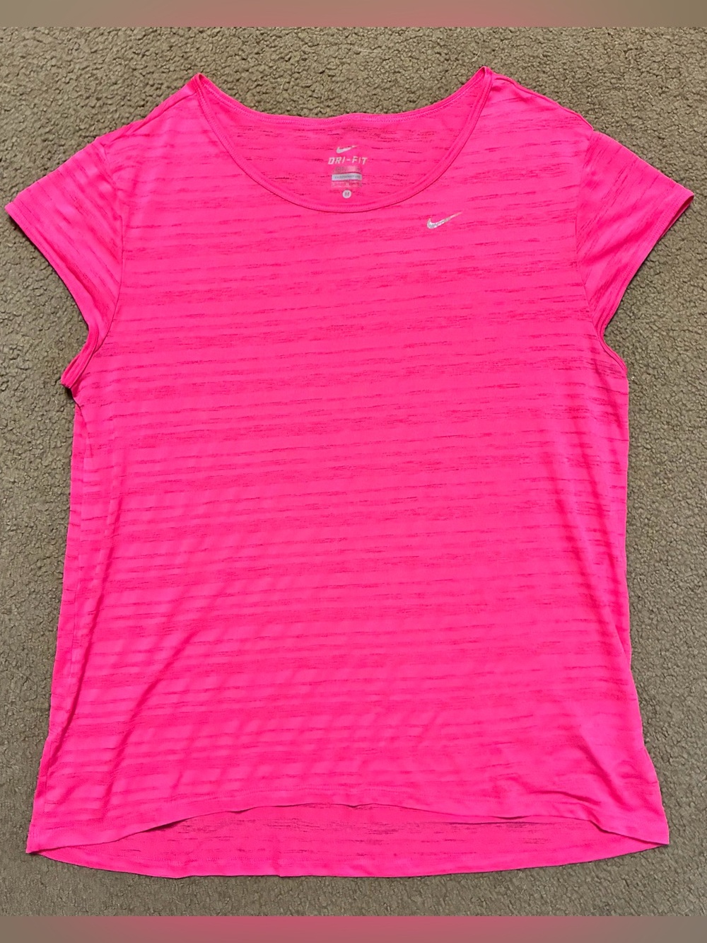 Nike Dri Fit Shirt Womens Med Pink Short Sleeve Striped Running Athletic Sheer